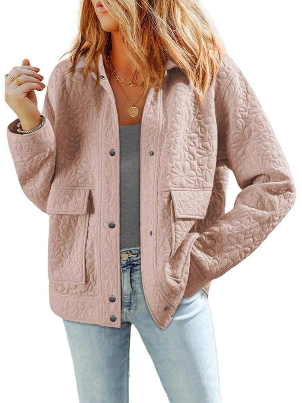 〽️Women Pink Casual Warm Winter Long Sleeve Jacquard Turn Down Collared Shacket